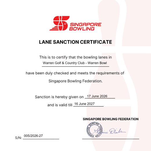 Singapore Bowling Federation lane sanction certificate for Warren Bowl, valid to June 2027